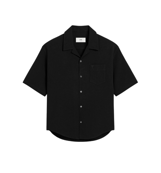 Black Cotton Camp Collar Short Sleeves Shirt