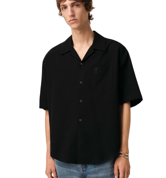 Black Cotton Camp Collar Short Sleeves Shirt