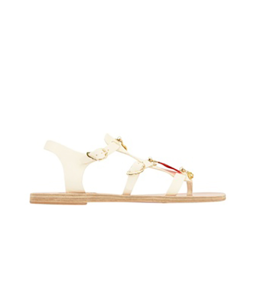 ANCIENT GREEK SANDALS WHITE LEATHER FLAT SANDAL WITH RED CHARMS