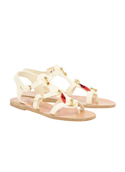 ANCIENT GREEK SANDALS WHITE LEATHER FLAT SANDAL WITH RED CHARMS