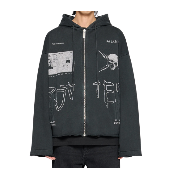 Black/White Raw Cut Zip Commission Dirty Hoodie