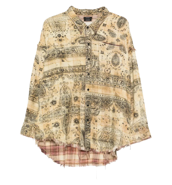 Khaki Bandana/Black Overprint Shredded Seam Drop Neck Shirt