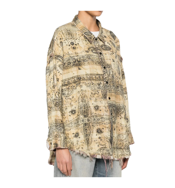 Khaki Bandana/Black Overprint Shredded Seam Drop Neck Shirt