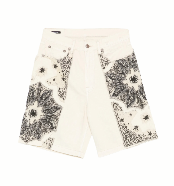 Ecru White Bandana Applique Relaxed Bermuda Shorts