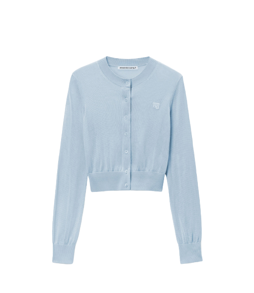 Cropped Crew Neck Ariel Blue Cardigan With Embrodered Logo