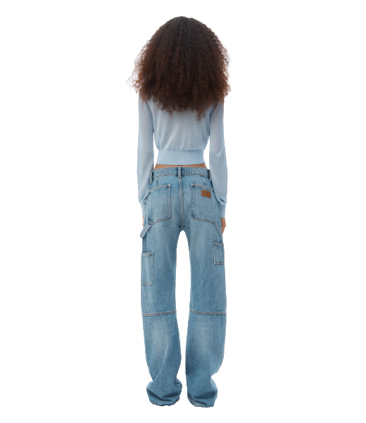Cropped Crew Neck Ariel Blue Cardigan With Embrodered Logo
