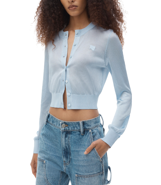 Cropped Crew Neck Ariel Blue Cardigan With Embrodered Logo