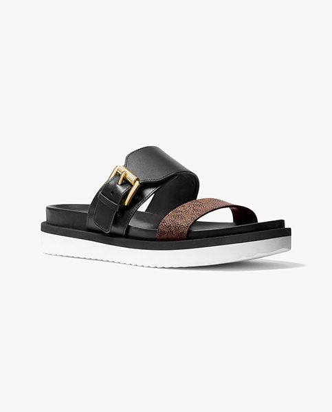 Bo Black Leather & Brown Logo Slide