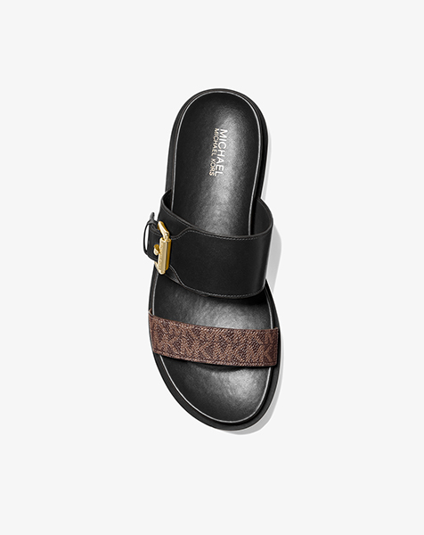 Bo Black Leather & Brown Logo Slide