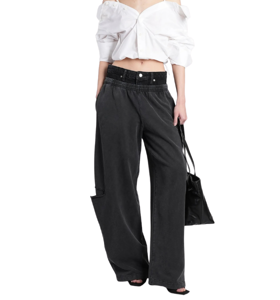 Washed Black/Grey Aged Pre-Styled Slashed Sweatpants W/ Denim Waistband