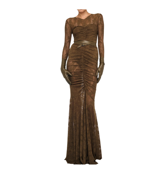 Olive Long Sleeve V Neck Shirred Front Fishtail Gown