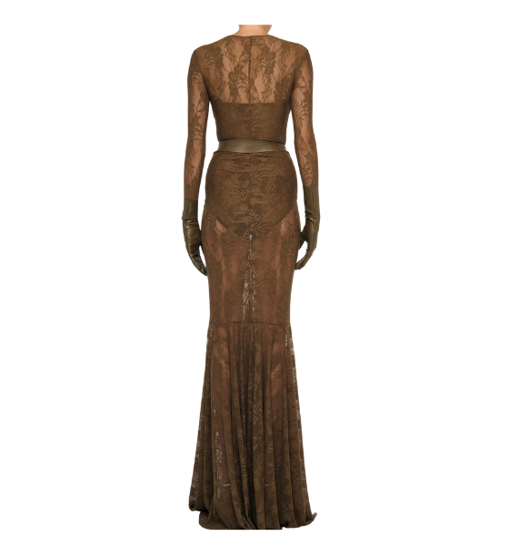Olive Long Sleeve V Neck Shirred Front Fishtail Gown