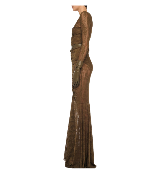 Olive Long Sleeve V Neck Shirred Front Fishtail Gown