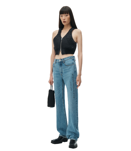 EZ-Mid Rise Relaxed Straight Logo Emboss Denim Pants
