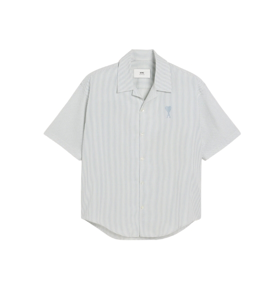 White/Blue Cotton Camp Collar Short Sleeves Shirt