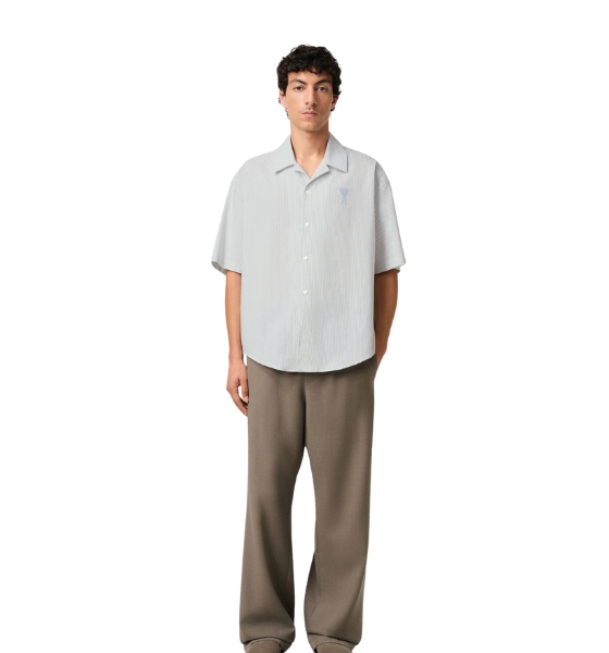 White/Blue Cotton Camp Collar Short Sleeves Shirt