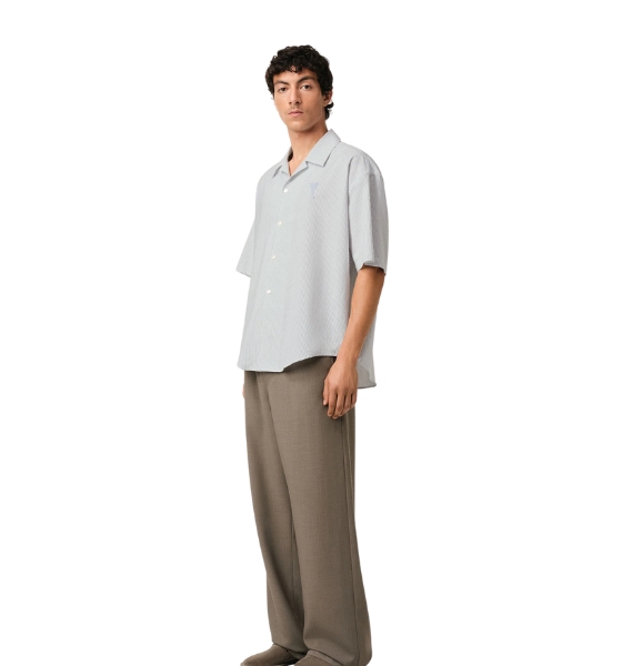 White/Blue Cotton Camp Collar Short Sleeves Shirt