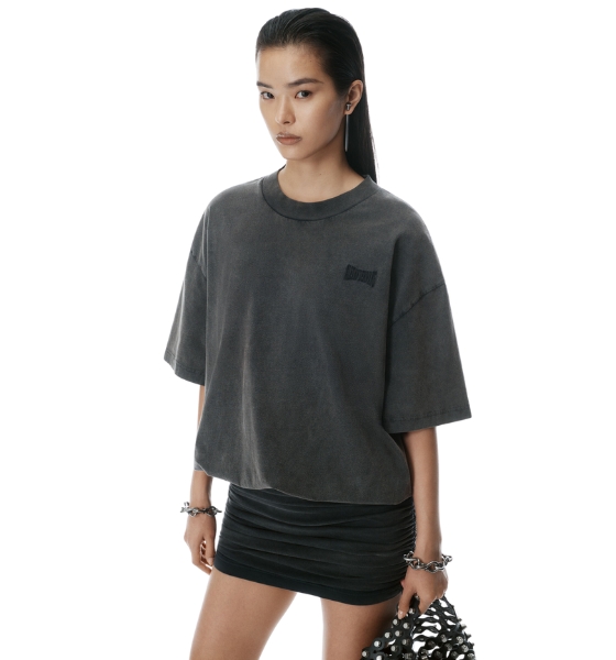 Faded Black Prestyled T-Shirt Dress W/ Ruched Mini Skirt