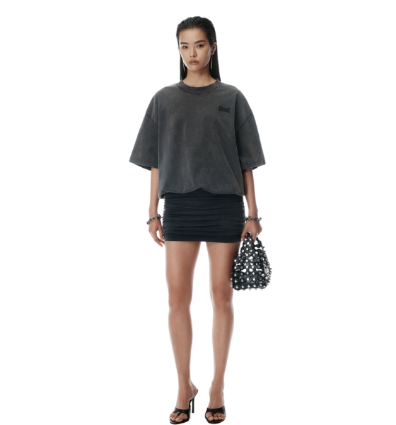 Faded Black Prestyled T-Shirt Dress W/ Ruched Mini Skirt