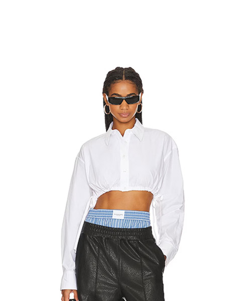 White Cropped Shirt With Side Drawstrings At Hem
