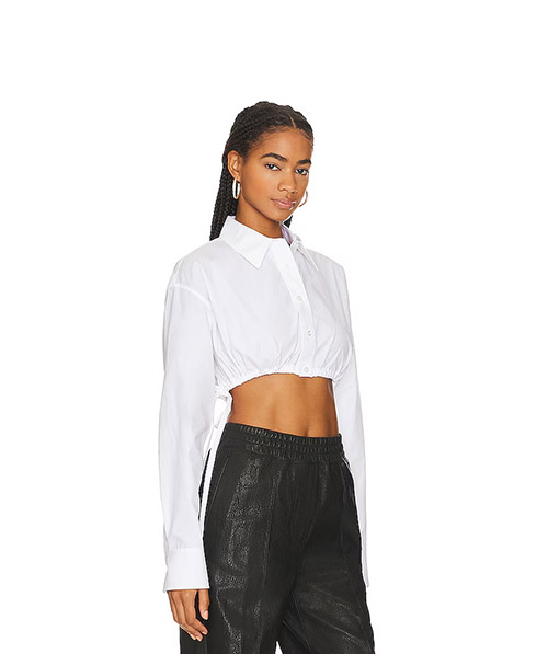 White Cropped Shirt With Side Drawstrings At Hem