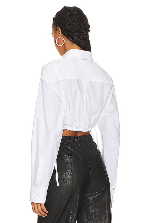 White Cropped Shirt With Side Drawstrings At Hem