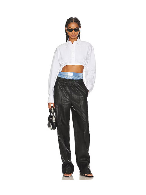 White Cropped Shirt With Side Drawstrings At Hem