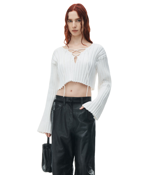 Drop Shoulder Cropped LS Pullover W/Lacing Detail