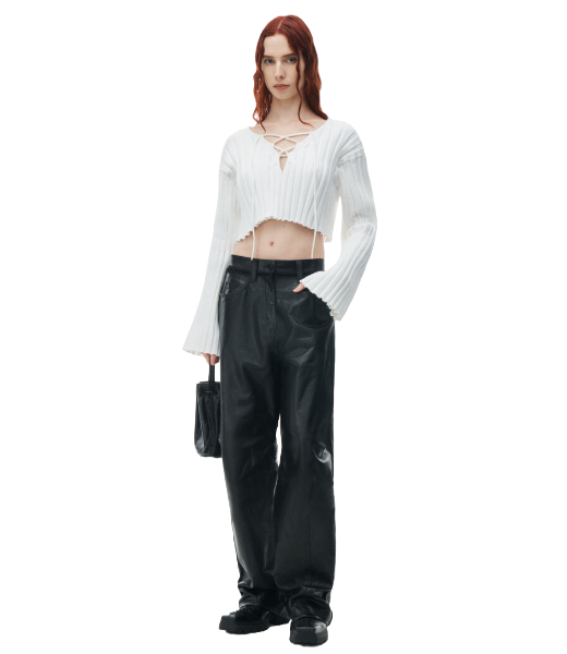 Drop Shoulder Cropped LS Pullover W/Lacing Detail