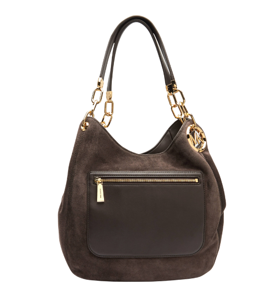 Chocolate Suede Leather Lillie Lg Chain Shoulder Tote Bag