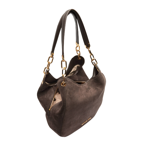 Chocolate Suede Leather Lillie Lg Chain Shoulder Tote Bag