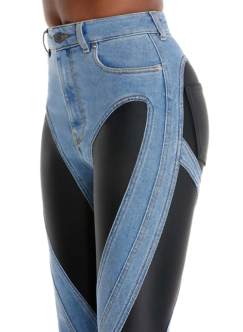 Slited Bi-Material Spiral Jeans