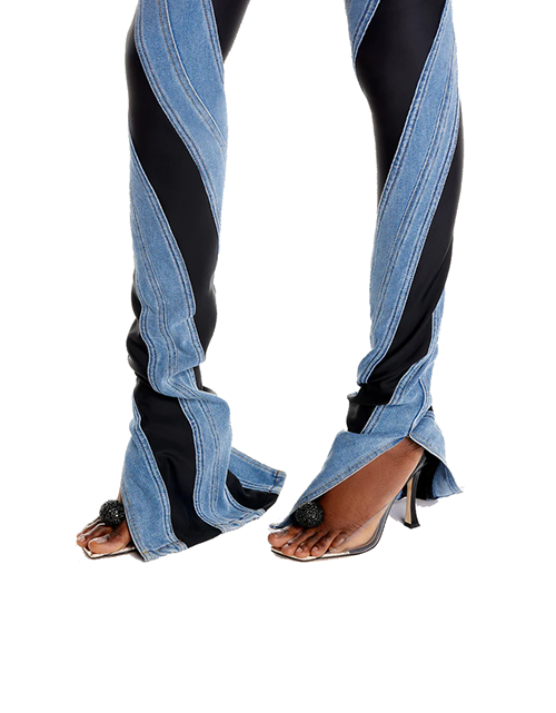 Slited Bi-Material Spiral Jeans