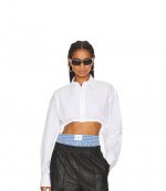 White Cropped Shirt With Side Drawstrings At Hem