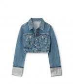 Denim Shrunken Trucker Jacket Crystal Cuff