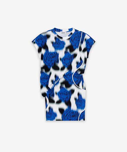'Roses' Blue T-shirt Dress