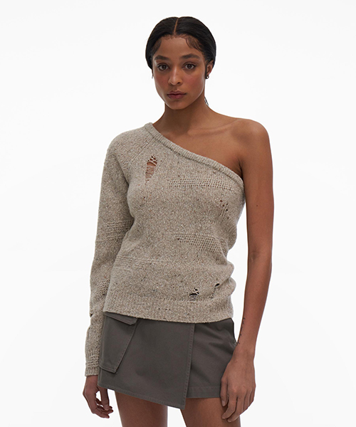 Distressed One-Shoulder Wool-Blend Top