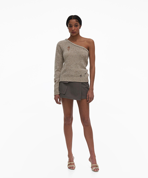Distressed One-Shoulder Wool-Blend Top