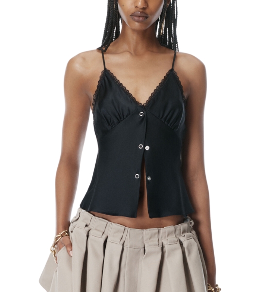 Black Snap Front Cami W/Lace Trim