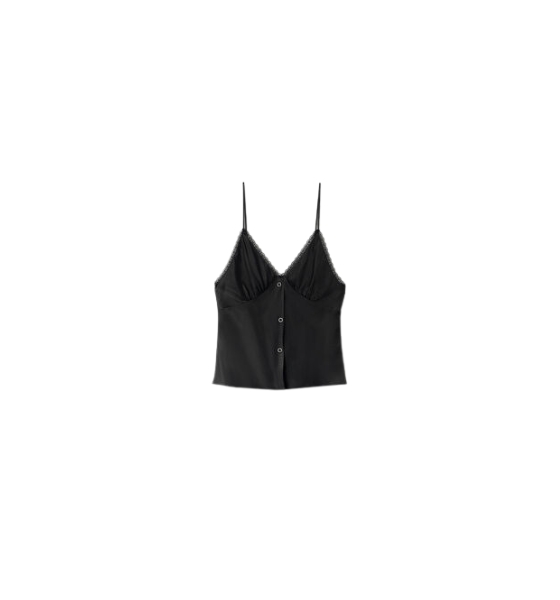 Black Snap Front Cami W/Lace Trim