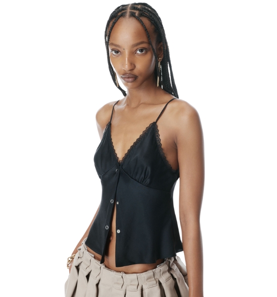 Black Snap Front Cami W/Lace Trim