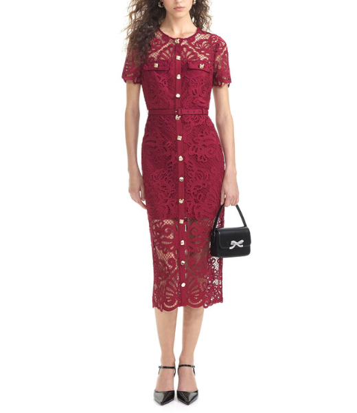Red Guipure Lace Button Midi Dress