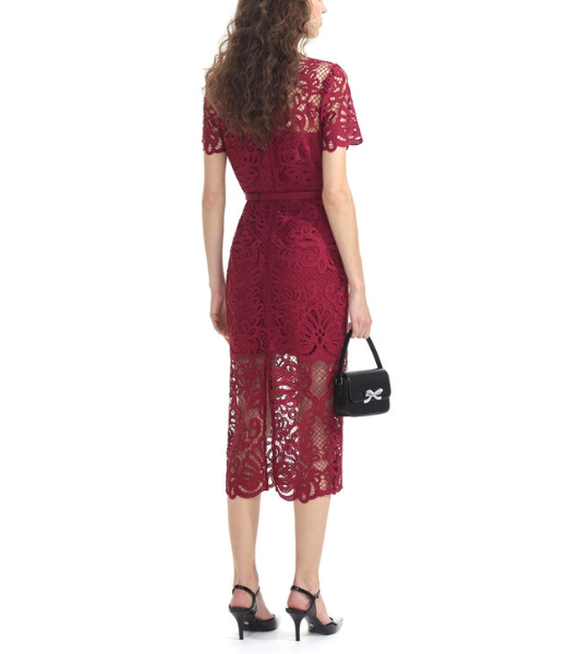 Red Guipure Lace Button Midi Dress