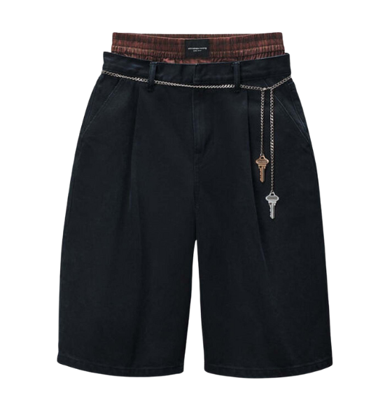 Faded Black Prestyled Pleated Shorts With Chain Belt
