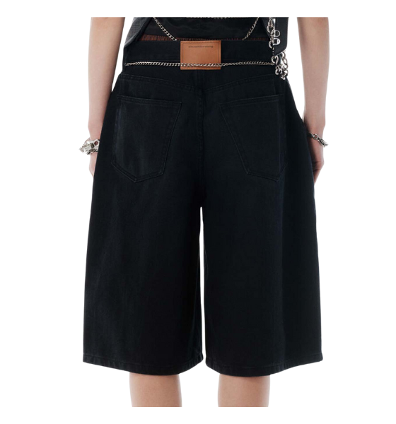 Faded Black Prestyled Pleated Shorts With Chain Belt