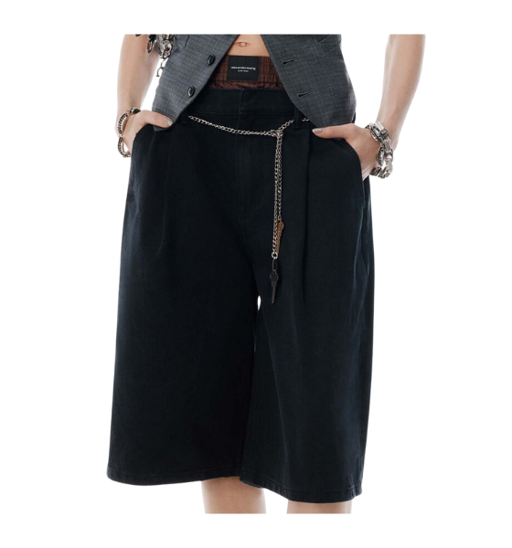 Faded Black Prestyled Pleated Shorts With Chain Belt