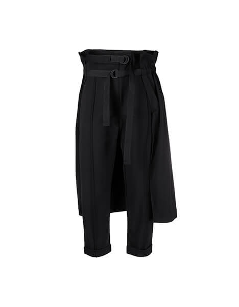 Black Belted Overlay-Skirt Trousers