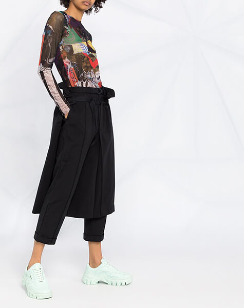 Black Belted Overlay-Skirt Trousers