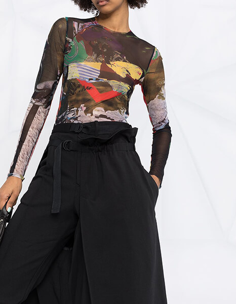 Black Belted Overlay-Skirt Trousers