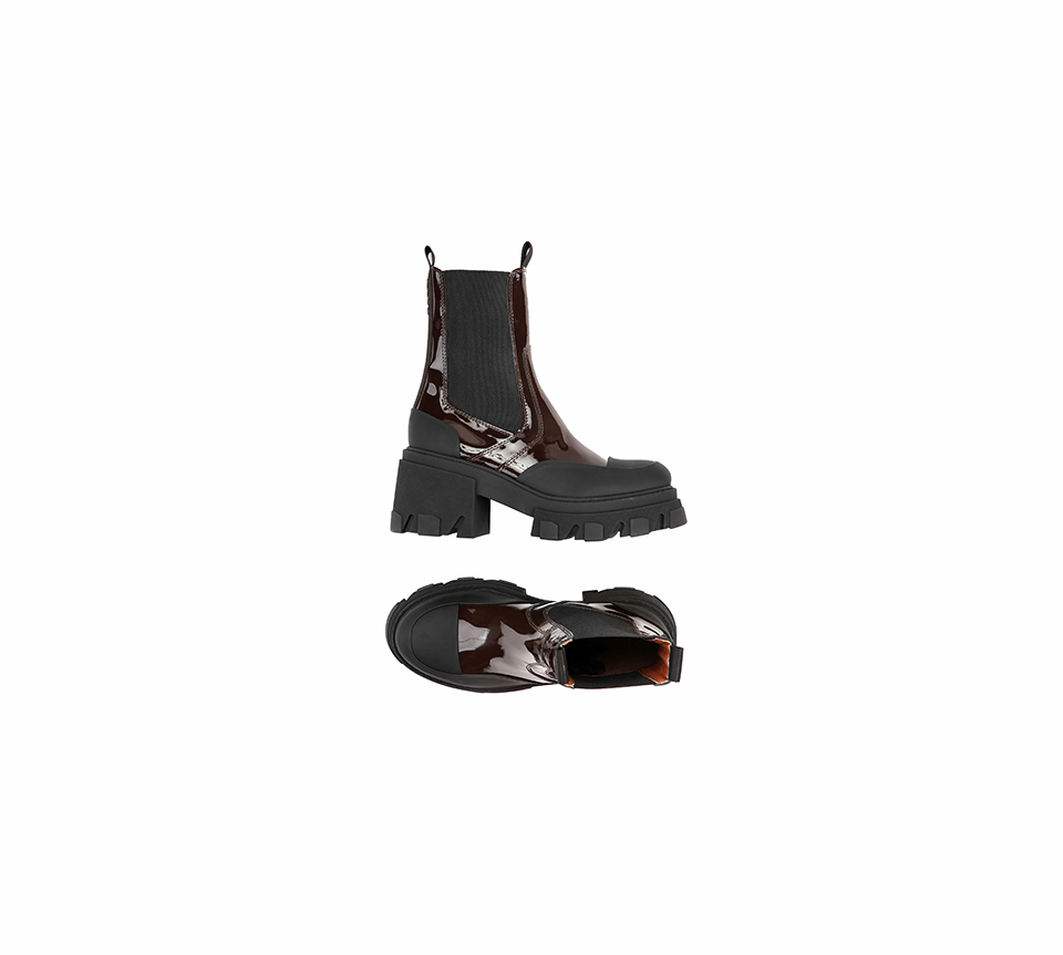 Patent Brown Black Chunky Heel Chelsea Boot